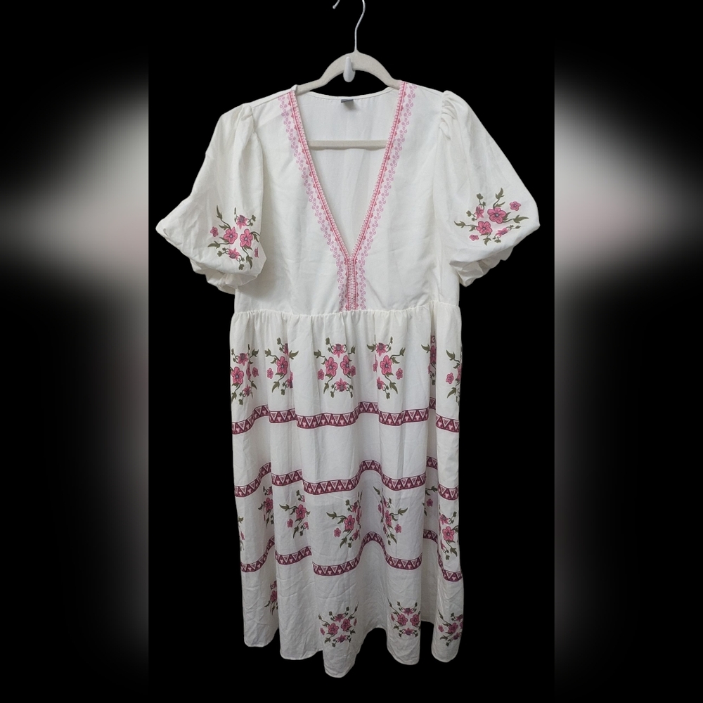 Floral Midi White & Pink Dress 0XL - Picture 2 of 7